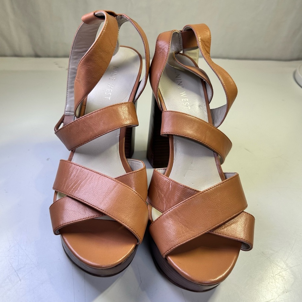 Nine West 70s Inspired Block Heel Tan Leather Strappy Platform Sandals Size 7.5M - Picture 3 of 14